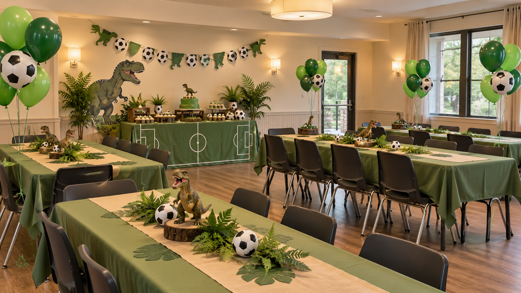 Ambientación ilustrativa de sala de cumpleaños con decoración de T-Rex y fútbol